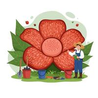 Gardener Tending to Giant Flower with Buckets and Garden Tools vector