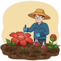 Researcher Examining Large Flower and Seedlings with Liquid Samples in Lab vector