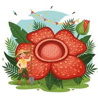 Exploring Giant Flower with Gardener in Asian Inspired Tropical Setting vector