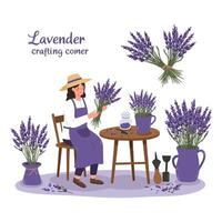 Woman Arranging Lavender Bouquet in Workshop with Crafting Tools on Table vector