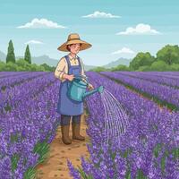 Gardener Watering Lavender Field on a Sunny Day Cartoon Illustration vector