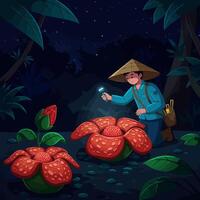Exploring Giant Flower in Night Jungle Illustration with Magnifying Glass vector