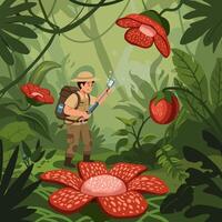 Explorer Photographing Rafflesia Flower in Jungle with Mobile Phone vector