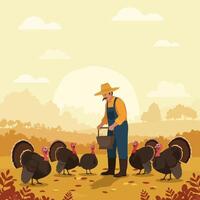 Farmer Feeding Turkeys in Autumn Field with Warm Sunlight Background vector