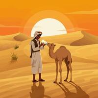 Man Feeding Camel in the Desert Landscape Under Bright Sun vector