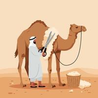 Man Shearing Camel in Desert Landscape with Scissors and Basket vector