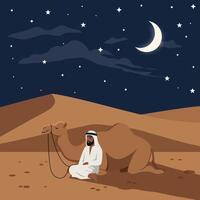 Man Sitting with Camel in Desert Under Starry Night Sky vector