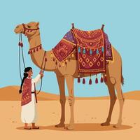 Leading a Camel in Desert Landscape with Colorful Saddle Blanket vector
