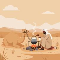 Preparing Food Over Campfire in Desert with Resting Camel vector