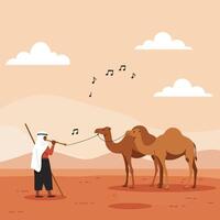 Man Playing Flute to Camels in Desert Landscape with Simple Design vector
