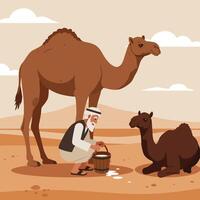 Milking Camel Scene in Desert with Middle Eastern Man vector