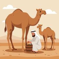 Man with Camels in Desert Preparing Bucket Cartoon Illustration vector