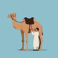 Man Preparing Camel with Saddle for Desert Travel Adventure Illustration vector