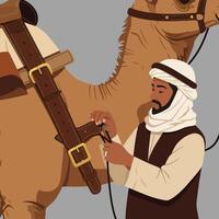 Man Preparing Camel with Saddle for Desert Journey Illustration vector
