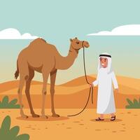 Standing with Camel in Desert Landscape on a Sunny Day vector