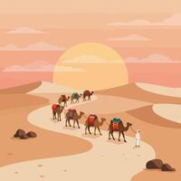 Camel Caravan Walking Through Desert Landscape at Sunset with Guide vector