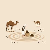 Man Collecting Camel Dung in Desert with Two Dromedaries Standing vector