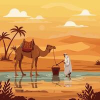 Desert Scene with Camel and Man Collecting Water at Oasis vector