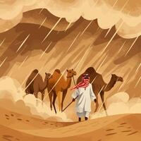 Walking Through Desert Rain with Camels Leading the Way vector