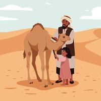Grooming a Camel in the Desert with the Help of a Child vector