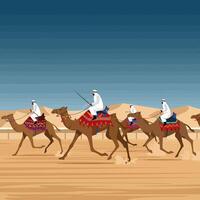Camel Racing in the Desert with Men Riding on Decorated Camels vector