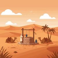 Man Drawing Water From Desert Well with Camel Resting Nearby vector