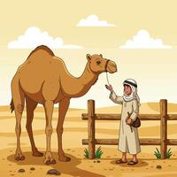 Man Interacting with a Camel in Desert Landscape Illustration vector
