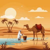 Man Drawing Water for Camel in Desert Oasis Flat Illustration vector
