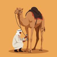 Arabian Man Tending to Camel with Traditional Tools in Desert Setting vector