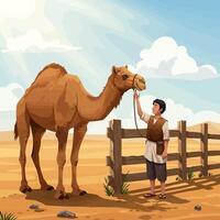 Man with Camel in Desert Scene Holding Reins Near Fence vector