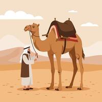 Man Leading Camel Through Desert Landscape with Saddle on Animal vector