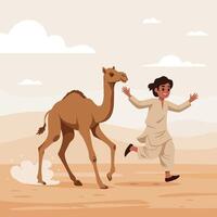 Running Boy with Camel Cartoon Scene in the Desert Landscape vector