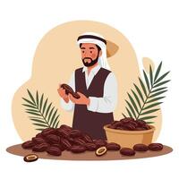 Man Examining Dates Traditional Middle Eastern Food with Palm Leaves vector