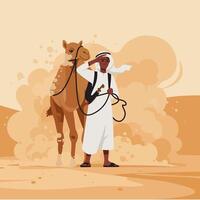 Man with Camel Trekking Across Desert Landscape in Sandstorm vector