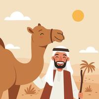 Smiling Arab Man with Camel Walking Through Desert Landscape Illustration vector