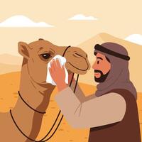 Man Cleaning Camel Face in Desert Landscape Illustration Graphic vector