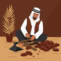 Man Preparing Dates with Traditional Tools Indoors in a Simple Scene vector