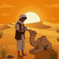 Boy Feeding Camel in Desert Landscape with Setting Sun Illustration vector