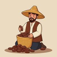 Farmer with Dates Harvesting Ripe Fruit with Hat in Wicker Basket vector