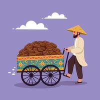 Man Pushing Cart Full of Dates Under a Cloudy Sky Illustration vector
