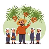 Farmer Teaching Children About Date Palm Harvesting in Orchard vector