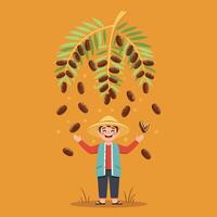 Cartoon Farmer Harvesting Dates From Date Palm Tree with Smiling Face vector