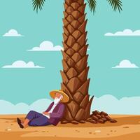 Man Resting Under Palm Tree with Dates in Desert Landscape vector
