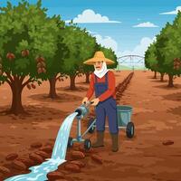 Farmer Irrigating Cocoa Tree Farm with Water Irrigation System vector