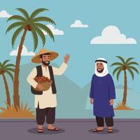 Man Selling Dates Waves to an Arab Person in Desert Scene vector