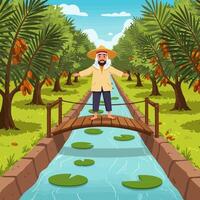 Farmer Stands on Bridge Over Canal in Date Palm Orchard vector
