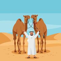 Man Celebrating with Two Camels in a Sandy Desert Landscape vector