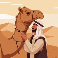 Man Petting Camel in Desert Landscape with Calm and Affection vector