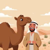 Man and Camel Illustration in Desert with Happy Expression vector