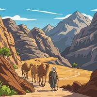 Man Leading Camels Through Desert Landscape with Mountains in Background vector